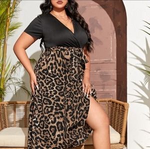 Brand New Curvy Black Leopard Print Belted Midi A Line Dress 1XL